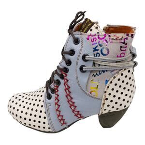 TMA EYES White Polka Dot Blue Boho Distressed Leather Ankle Boots Women's 7.5